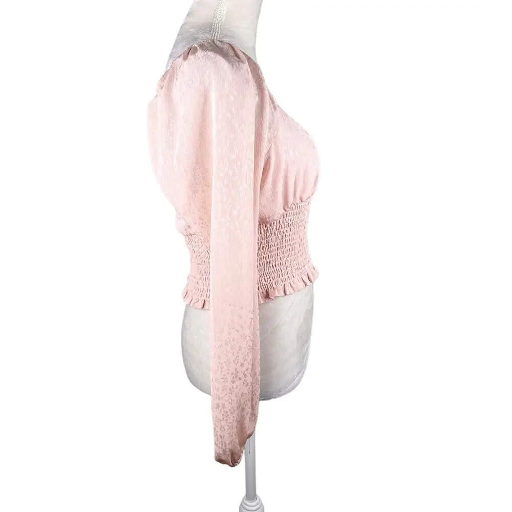 Leith Blouse Crop Top Smocked Pink Smoke M New